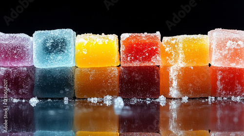 Colorful sugar cubes and crystals in a minimalistic setup showcasing variety of sweeteners with bright lighting and blurred background, empty caption space on the side photo