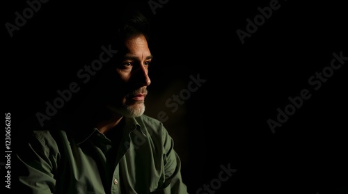 man in a slightly dark environment, using contrasting chiaroscuro lighting, strong contrasts, deep shadows, soft saturation