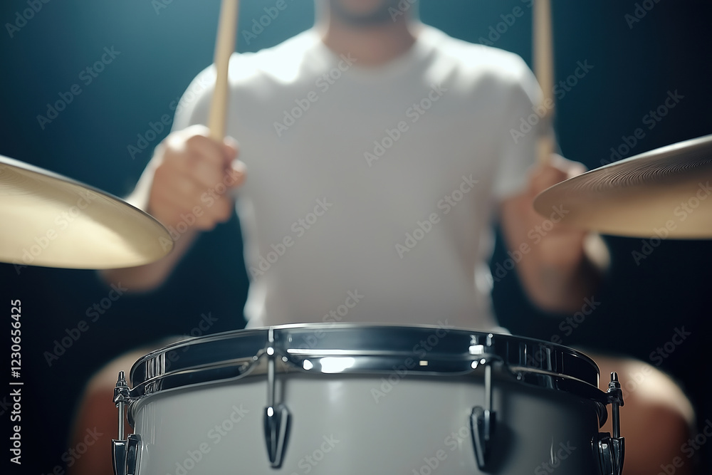 Fototapeta premium Energetic drummer performing passionately in a dimly lit studio during a music session