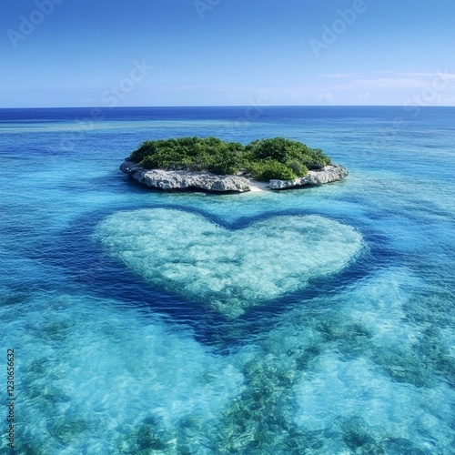 Heart-shaped reef near a tropical island in clear water photo