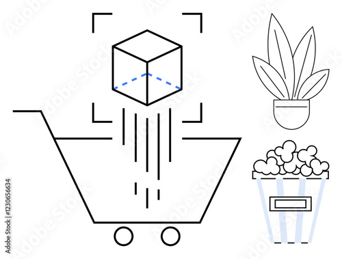 Cube drops into shopping cart with nearby plant and popcorn bucket. Ideal for online shopping, digital transactions, virtual reality, e-commerce, consumer behavior, digital marketing, retail growth
