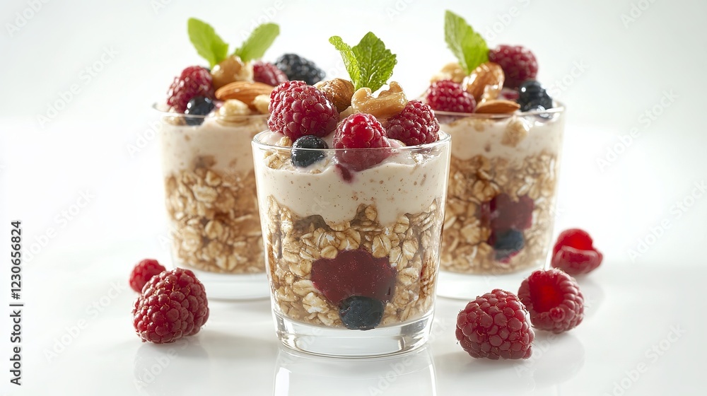 Indulge in a wholesome morning treat with overnight oats topped with juicy berries and crunchy nuts, beautifully arranged on a white background. Perfect for a nutritious start to your day. Indulge in a wholesome morning treat with overnight oats topped with juicy berries and crunchy nuts, beautifully arranged on a white background. Perfect for a nutritious start to your day.