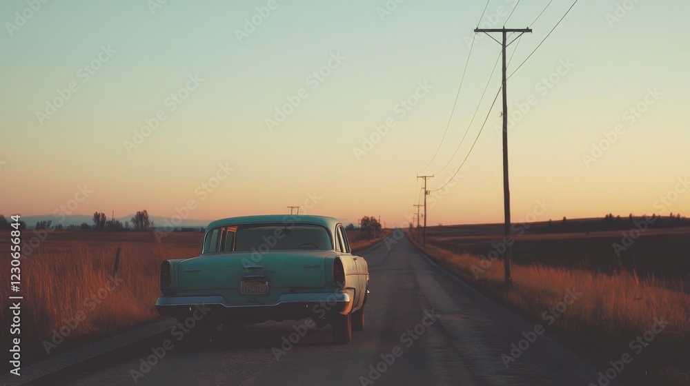 Vintage car on a rural road at sunset.