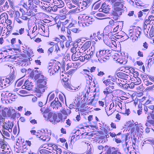 Hand drawn floral paisley seamless vector pattern. Batik style fabric