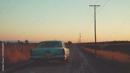 Obraz na płótnie Vintage car on a rural road at sunset. w salonie