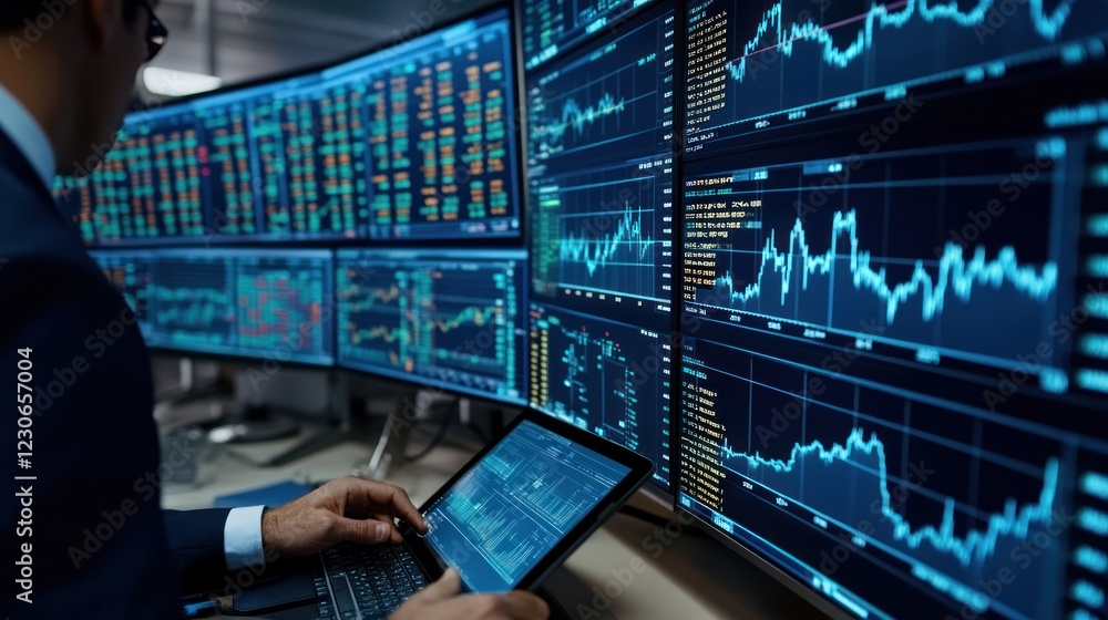 A Trader Monitors Financial Data On Multiple Screens A Trader Monitors Financial Data On Multiple Screens