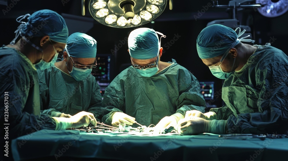 Obraz premium Surgeons Collaborating in Operating Room Performing Complex Surgery