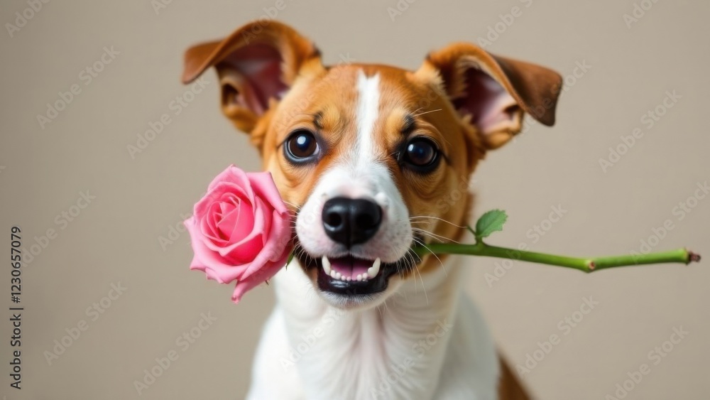 Jack Russell Terrier dog holding a rose in his teeth on a plain background Jack Russell Terrier dog holding a rose in his teeth on a plain background
