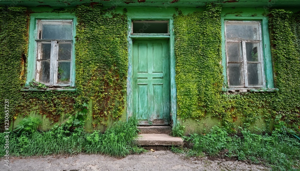 aged abandoned house green wall front door and windows have aged green vegetation on the site with an old house generated by artificial intelligence aged abandoned house green wall front door and windows have aged green vegetation on the site with an old house generated by artificial intelligence