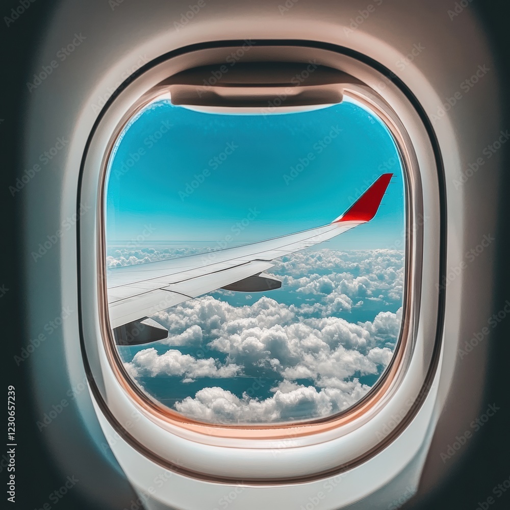 Naklejka premium Airplane wing above fluffy clouds and bright blue sky during flight experience at high altitude. Generative AI