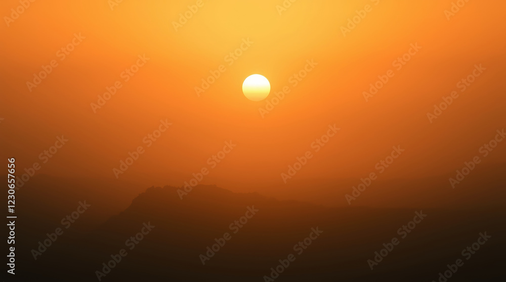 Bright orange sun setting behind hazy hills at dusk Bright orange sun setting behind hazy hills at dusk
