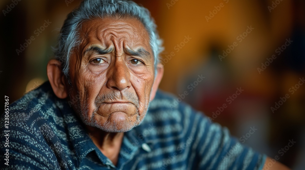 Frustrated elderly Hispanic man with clenched jaw, blurry warm-toned background Frustrated elderly Hispanic man with clenched jaw, blurry warm-toned background