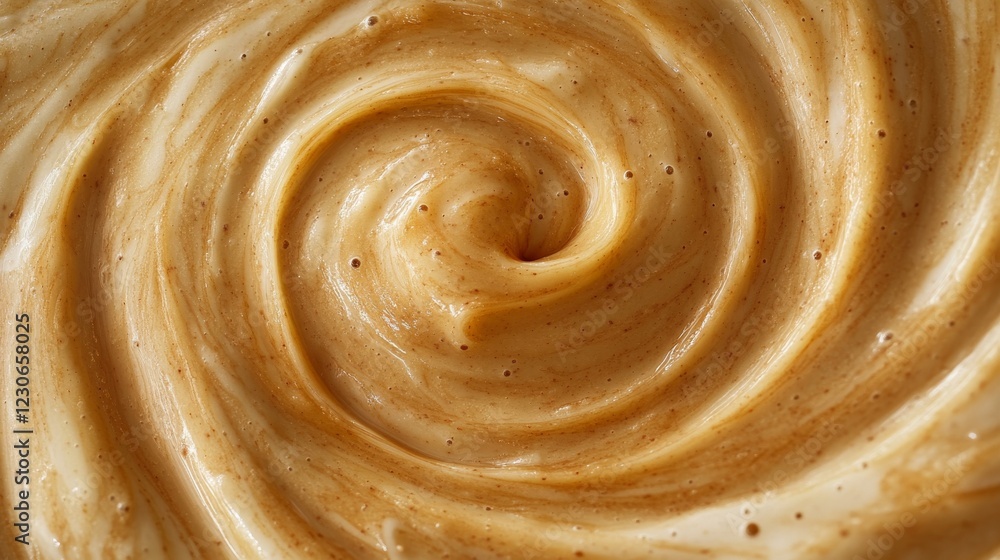 Creamy swirl of fresh peanut butter made from roasted peanuts in a bowl showing rich texture and color