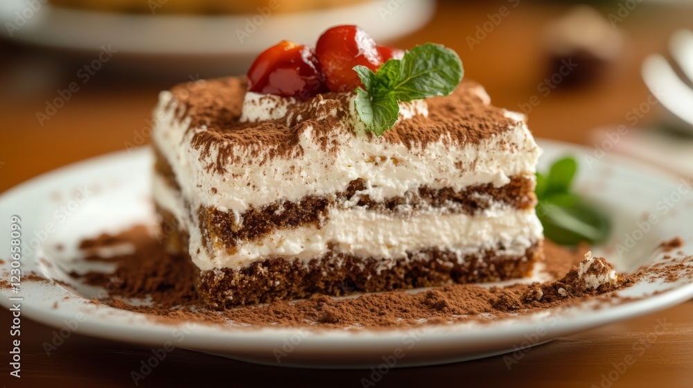Delicious dessert with layers of cream, chocolate, and cherries served on a plate at a cozy café Delicious dessert with layers of cream, chocolate, and cherries served on a plate at a cozy café