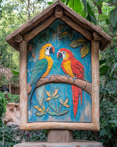 Colorful parrot mural on wooden sign in tropical garden photo