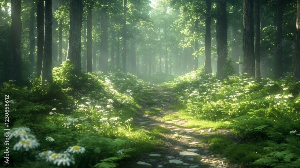 Obraz premium Cobblestone path leading through a lush green forest illuminated by sunbeams during springtime