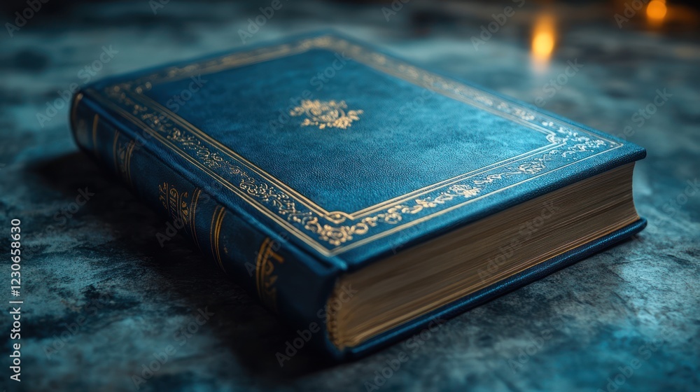 An antique blue book with gold detailing rests on a dark surface An antique blue book with gold detailing rests on a dark surface