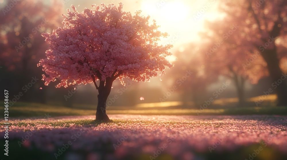 Naklejka premium Soft pink cherry blossom petals carpeting green grass, illuminating peaceful spring landscape with gentle sunset glow