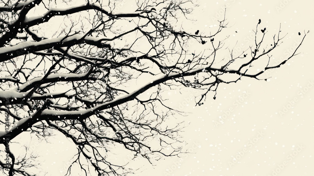 Obraz premium Snowy branches, winter tree, snowfall background, nature scene, seasonal design