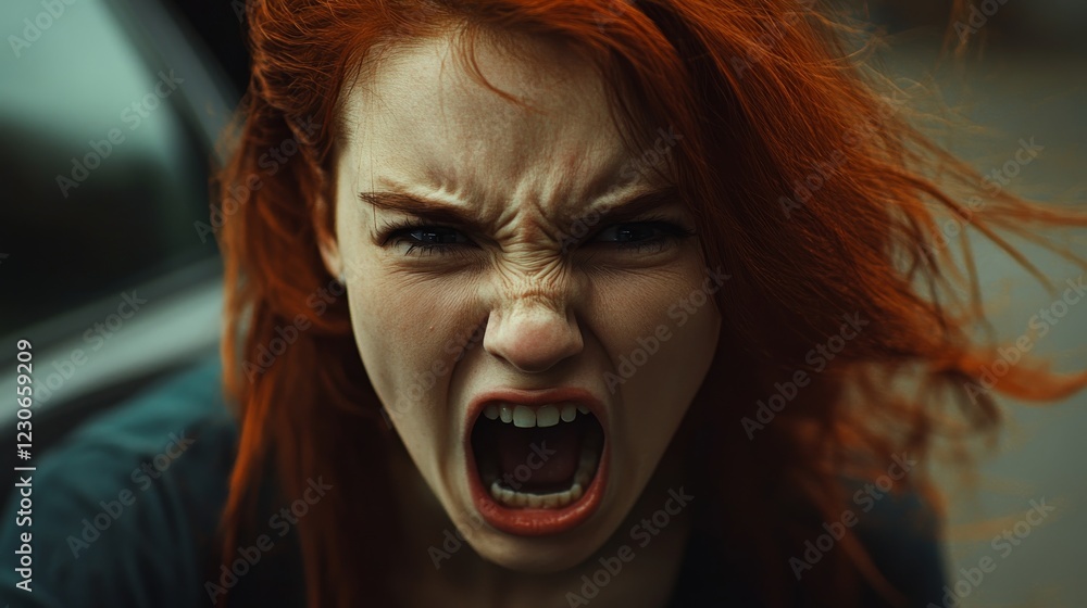 A redheaded woman with an intense expression of anger, piercing gaze. Angry woman with vibrant energy, transmitting strength and emotion. A redheaded woman with an intense expression of anger, piercing gaze. Angry woman with vibrant energy, transmitting strength and emotion.