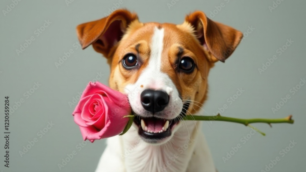 Jack Russell Terrier dog holding a rose in his teeth on a plain background Jack Russell Terrier dog holding a rose in his teeth on a plain background