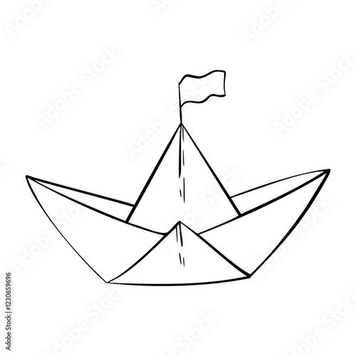 Vector paper boat with a flag. Hand drawn outline origami illustration in black and white color. Simple contour drawing for icon or logo in monochrome. Etching of Sailboat