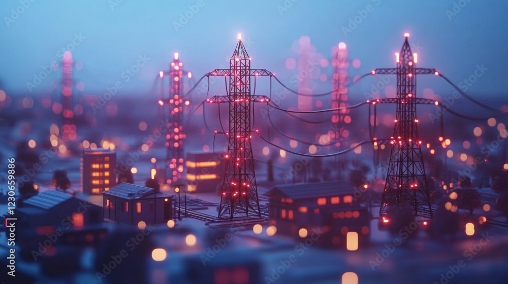 Fototapeta premium Illuminated Power Lines Over Night Cityscape
