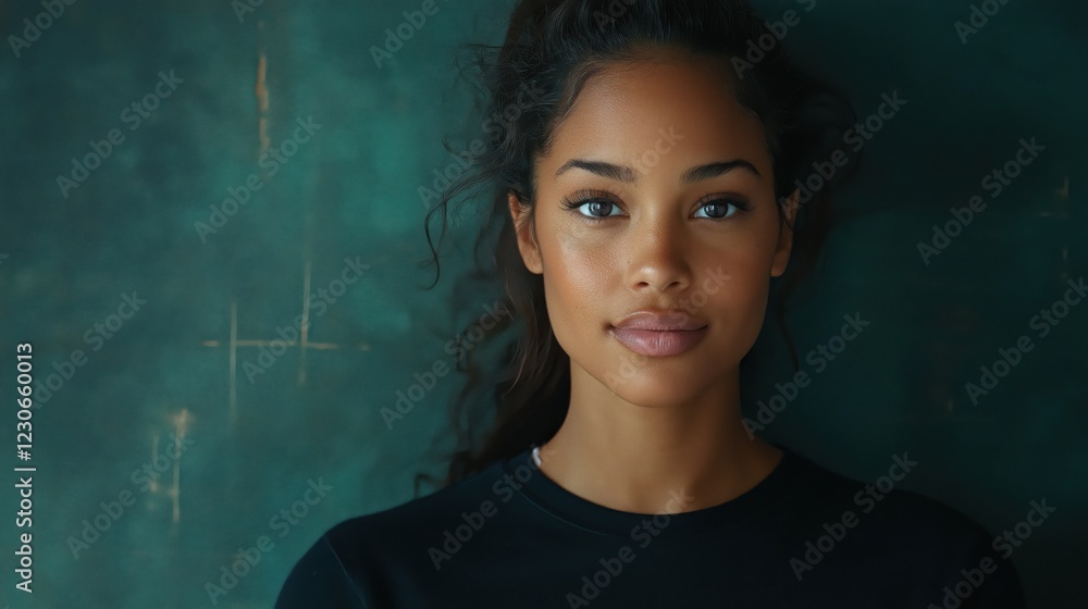 Portrait of confident black woman with natural beauty against teal backdrop Portrait of confident black woman with natural beauty against teal backdrop