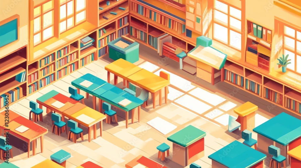 A cartoon drawing of a classroom with a lot of bookshelves and tables. There are many chairs and a potted plant A cartoon drawing of a classroom with a lot of bookshelves and tables. There are many chairs and a potted plant