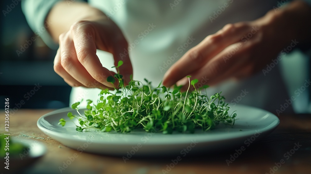 Close-up of a chef’s hands carefully arranging fresh microgreens on a plate, showcasing precision, culinary artistry, and the use of delicate, organic, and nutritious ingredients in fine dining. Close-up of a chef’s hands carefully arranging fresh microgreens on a plate, showcasing precision, culinary artistry, and the use of delicate, organic, and nutritious ingredients in fine dining.