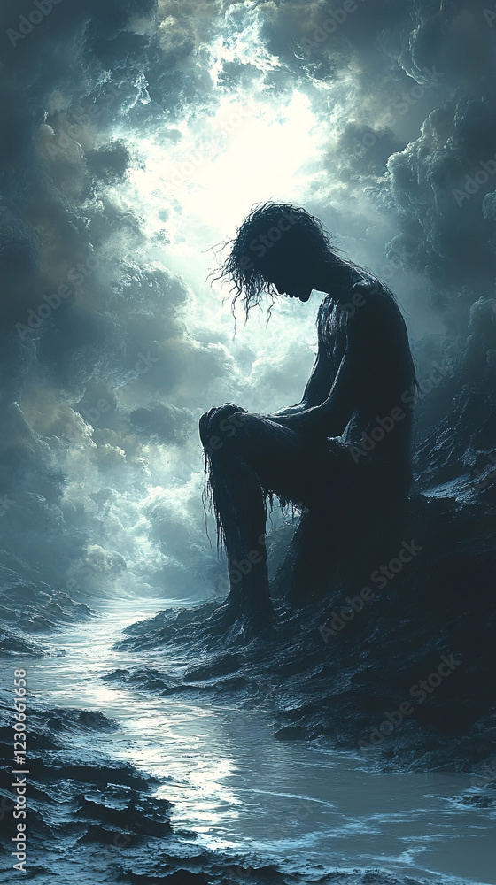 Fototapeta premium Lonely person sitting in solitude, captured in a moody, atmospheric setting with soft light and deep shadows, evoking themes of isolation, reflection, and introspection