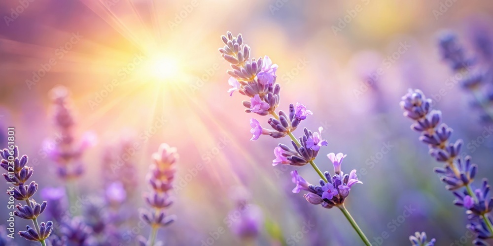 Naklejka premium A delicate lavender flower blooms against a soft, dreamy background, its petals gently swaying in the breeze, as the sun shines down upon it , blurred background, botanical