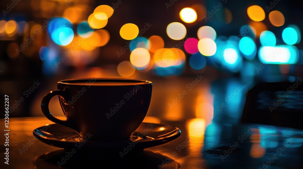 Obraz premium Cozy coffee cup on a table at night, surrounded by colorful bokeh lights in a caf?