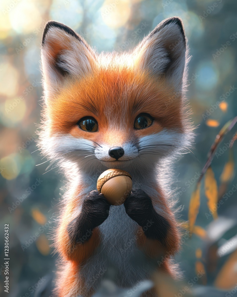 Obraz premium Cute fox cub holding acorn, autumn forest background, children's book illustration