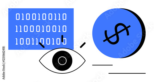 Binary code panel, stylized eye, and blue coin with dollar sign. Ideal for themes thumbs up data analysis, financial insights, digital security, monetary systems, technological vision, coding