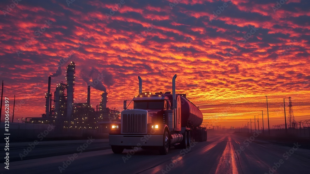 Tanker truck driving on the road near refinery at dramatic sunset Tanker truck driving on the road near refinery at dramatic sunset