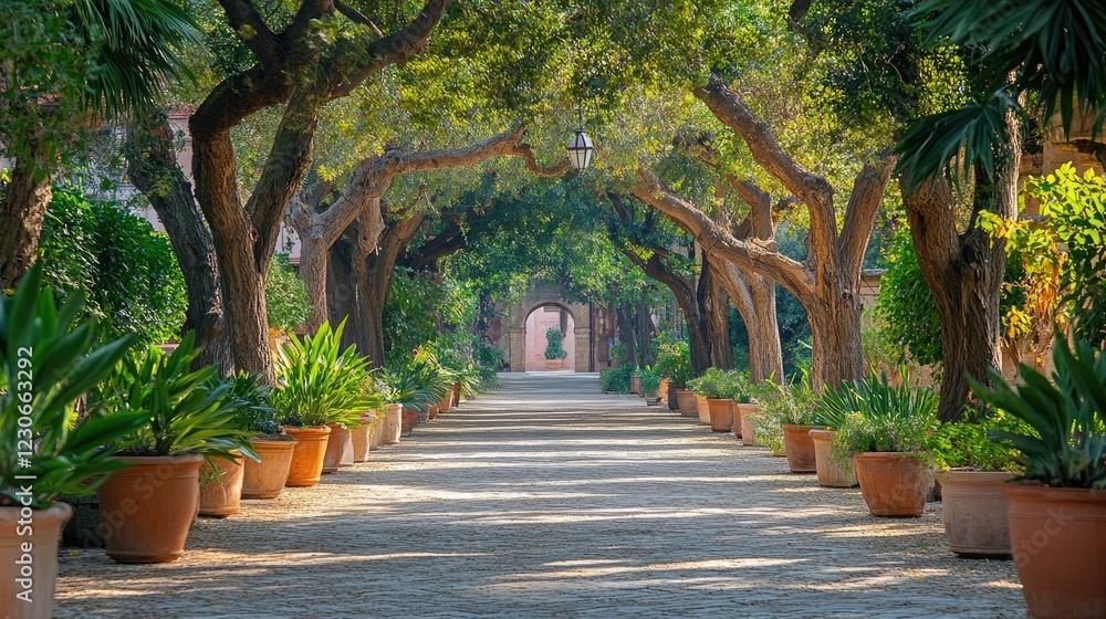 Fototapeta premium Majestic tree lined pathway leading to serene archway in lush garden