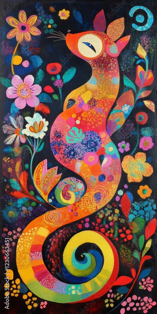 A colorful painting of a lizard with flowers and leaves. The painting is vibrant and full of life A colorful painting of a lizard with flowers and leaves. The painting is vibrant and full of life