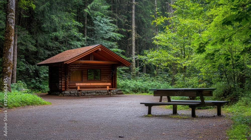 Rustic Log Cabin Shelter Nestled In A Lush Forest