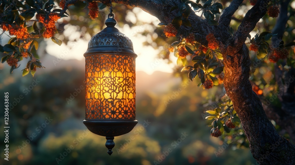 Illuminated Lantern Hanging From Tree Branch At Sunset Illuminated Lantern Hanging From Tree Branch At Sunset