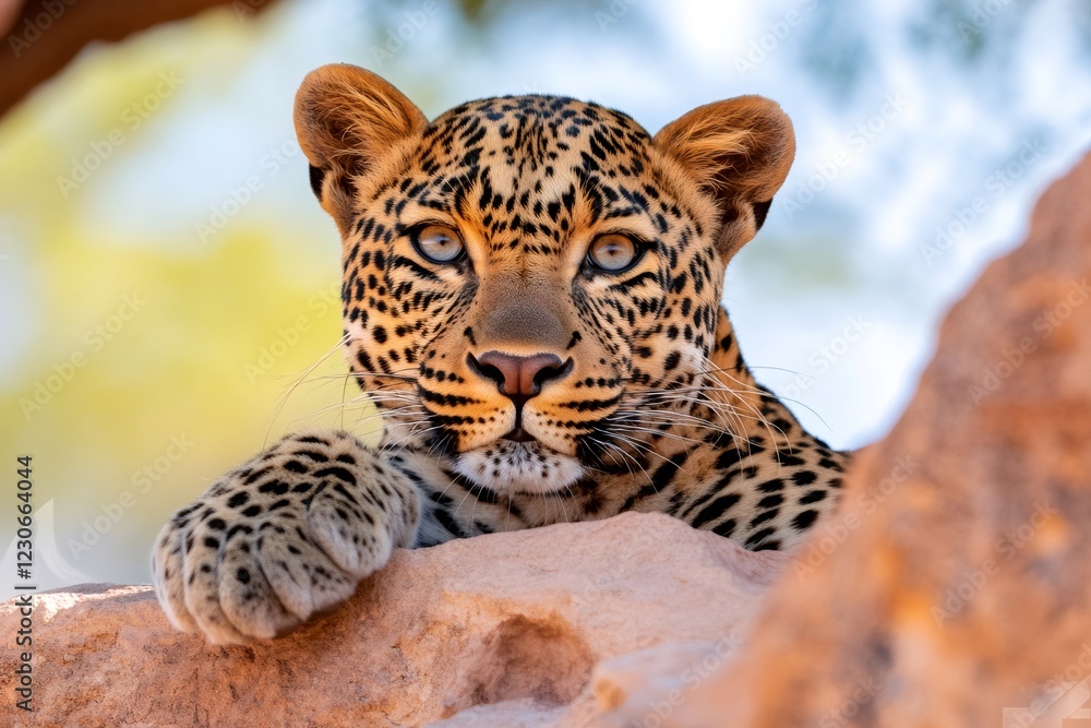 Obraz premium Leopard resting its paws on a rock in the wilderness