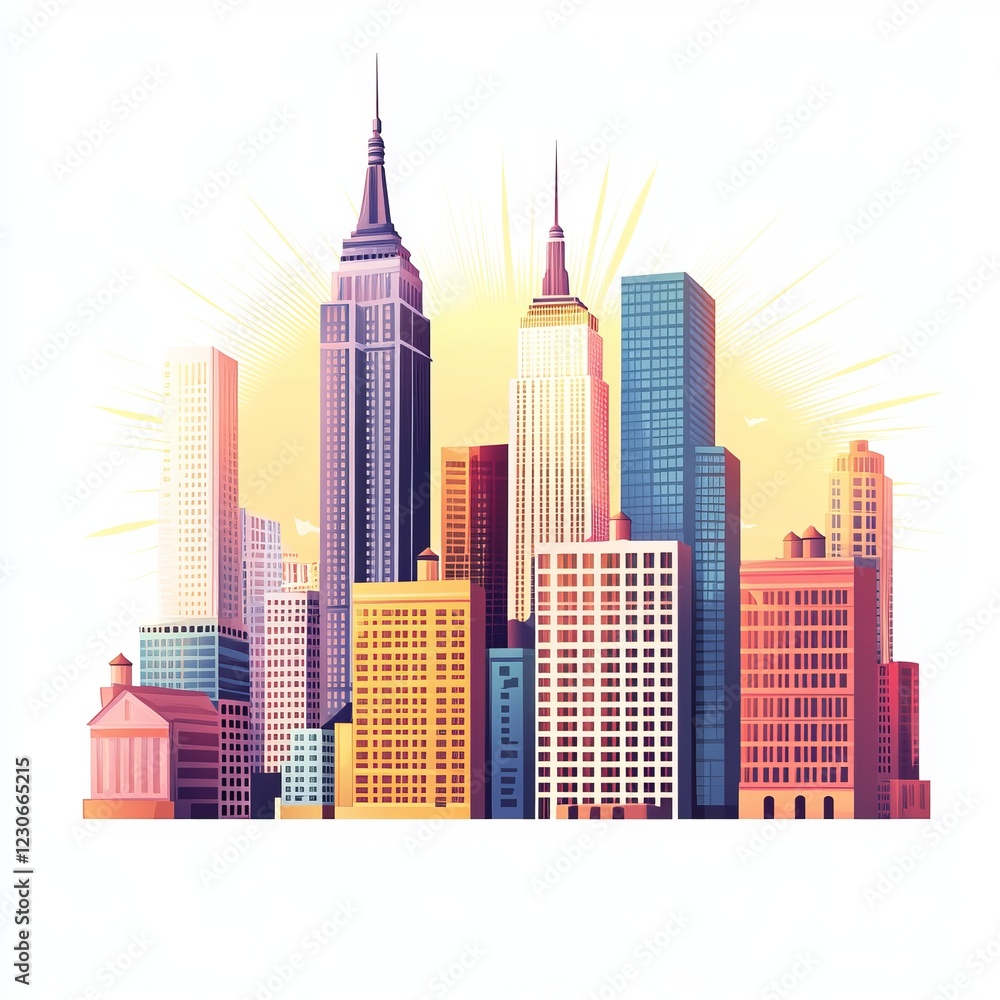 Fototapeta premium Colorful cityscape illustration featuring towering skyscrapers against a radiant sunburst, symbolizing urban life and architectural beauty.