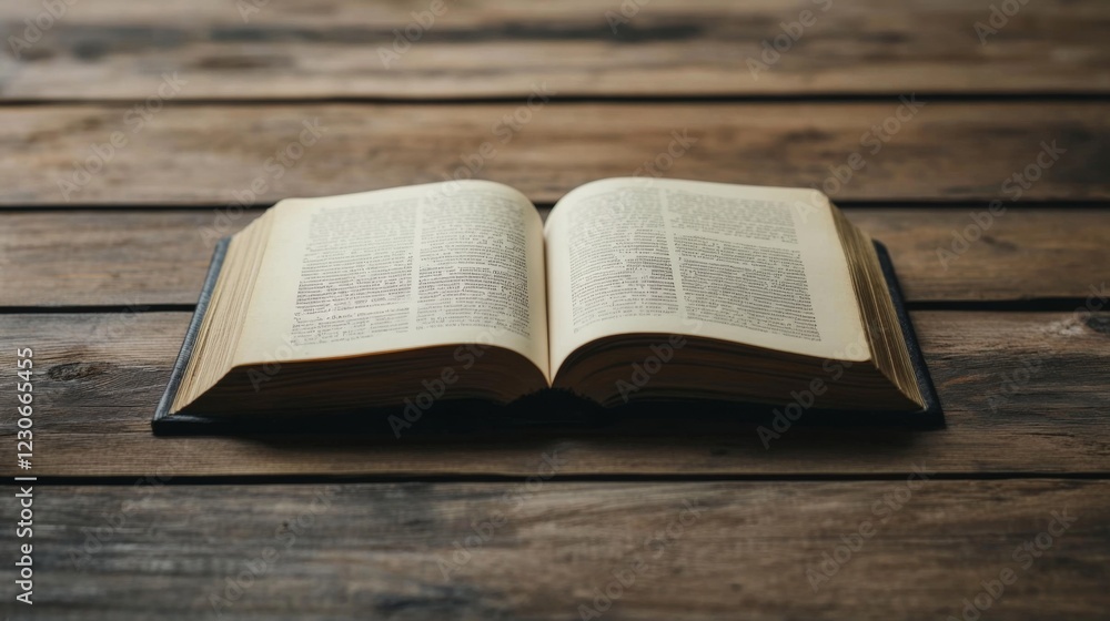 Obraz premium Open book on rustic wooden table.