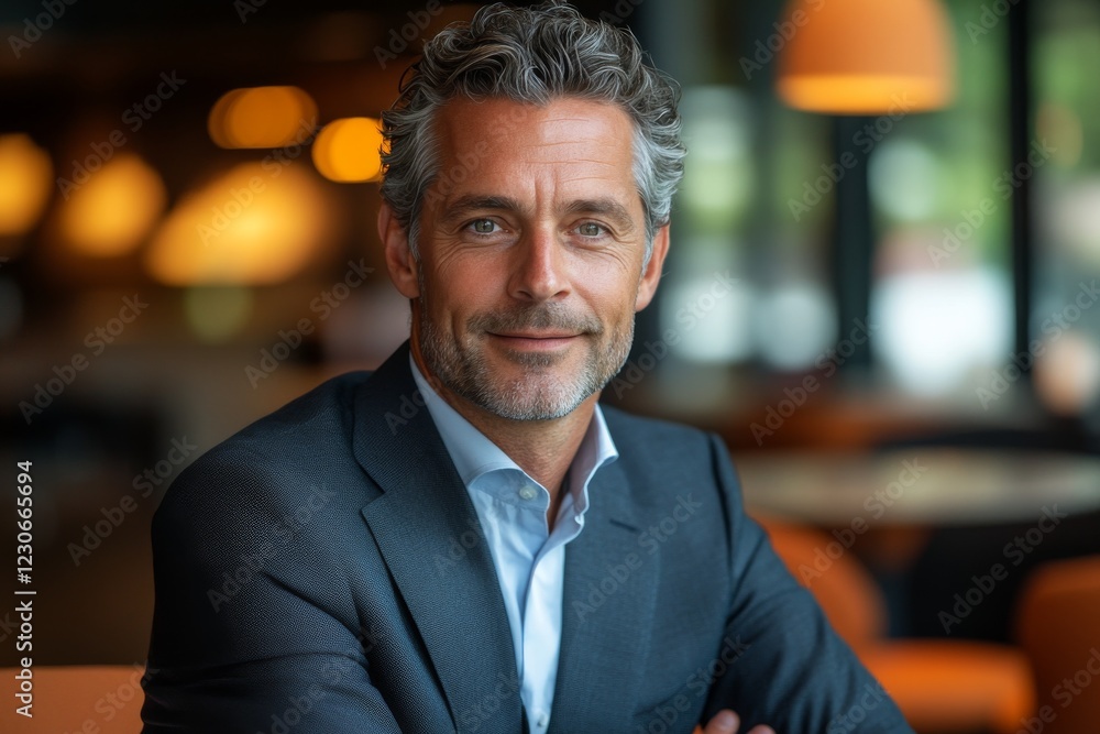 Fototapeta premium Confident businessman smiles warmly in modern cafe during afternoon meeting with clients