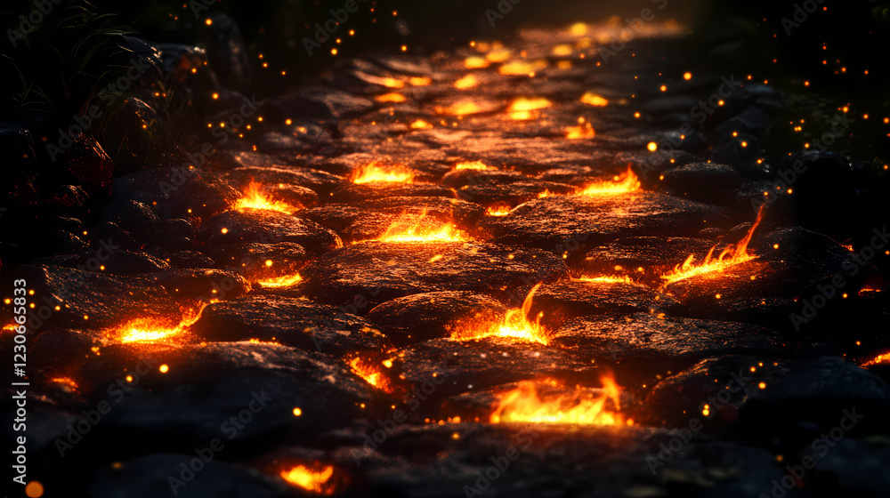 Fiery embers glow brightly dark stone path. ai generated. Blazing Path. Illustration Fiery embers glow brightly dark stone path. ai generated. Blazing Path. Illustration