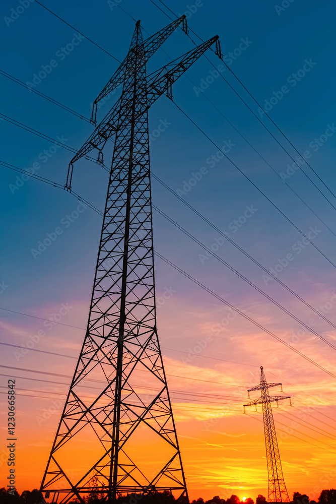 Fototapeta premium Summer sunset with a dramatic sky and overland high voltage lines near Tabertshausen, Aholming, Deggendorf, Bavaria, Germany