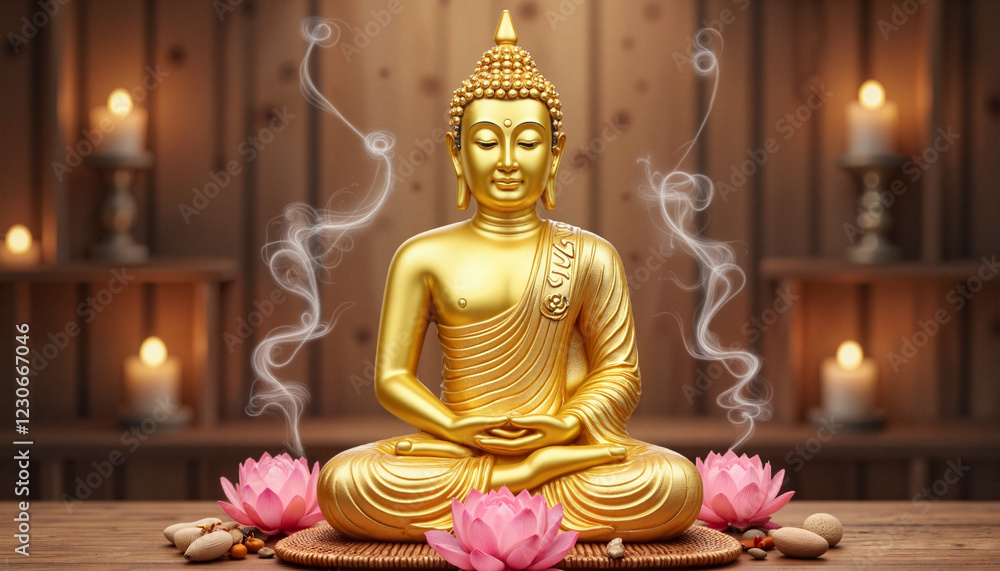 Fototapeta premium Golden Buddha statue meditating with lotus flowers and candles