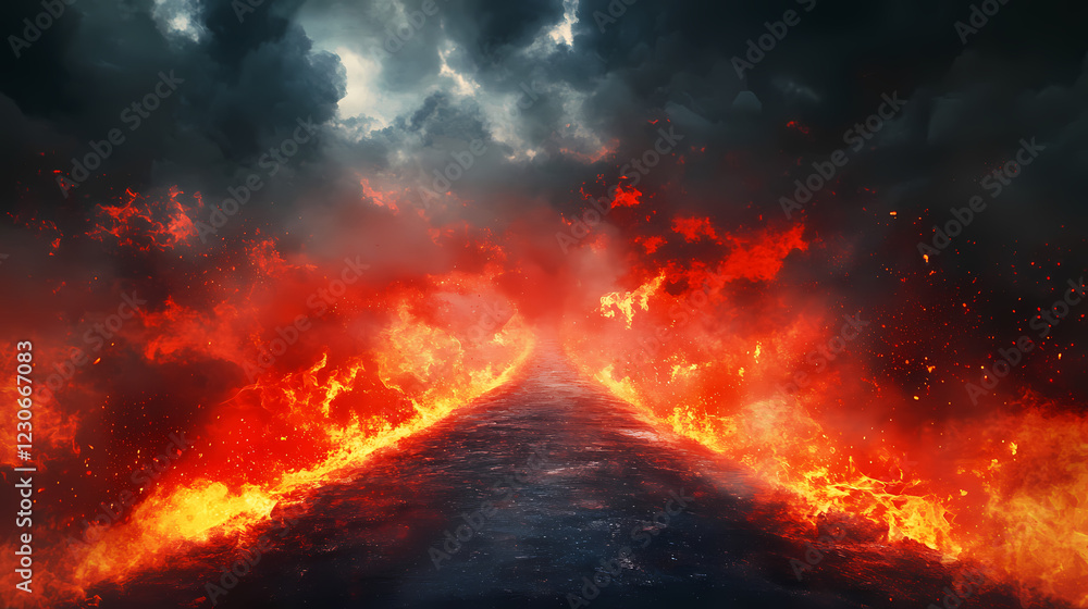 The path to hell is blazing hot, with a terrifying red smoke in the background. Blazing Path. Illustration The path to hell is blazing hot, with a terrifying red smoke in the background. Blazing Path. Illustration