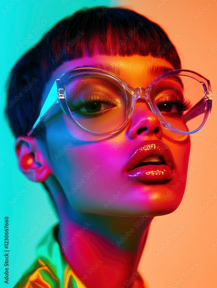 A futuristic fashion portrait of beautiful model with bright, saturated colors, arranged on a vibrant gradient background A futuristic fashion portrait of beautiful model with bright, saturated colors, arranged on a vibrant gradient background