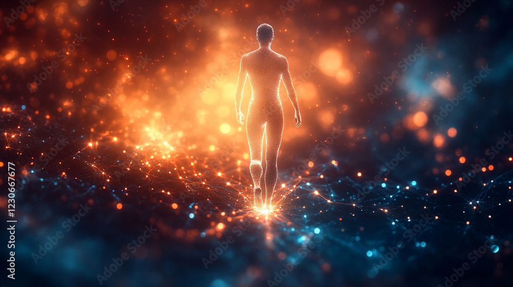 Naklejka premium Digital human figure in futuristic interface symbolizing personalized medicine and precise diagnostics with minimalistic design, bright lighting, and modern elements